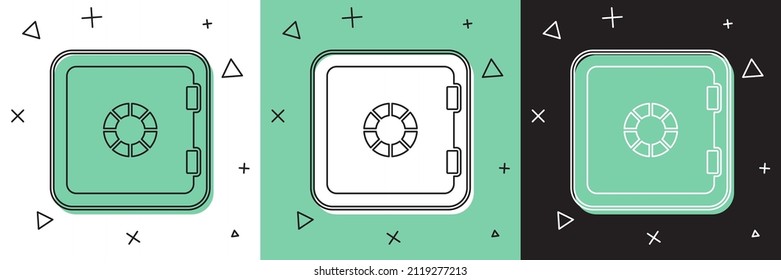 Ajuste el icono de Safe aislado en fondo blanco y verde y negro. La puerta protege una bóveda de banco con una cerradura combinada. Protección de datos fiable.  Vector