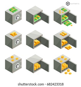 A Set Of Safe Icons In Isometric, Business Safe Icons With Gold Coins And Money