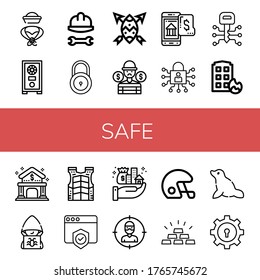 Set of safe icons. Such as Hat, Safe box, Helmet, Lock, Shield, Thief, Online banking, Key, House on fire, Bank, Hacker, Bulletproof vest, Assets, Gold, Seal , safe icons