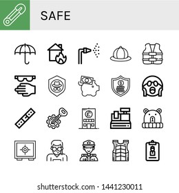 Set of safe icons such as Safety pin, Sun umbrella, House on fire, Fire hose, Hat, Life vest, Protective, Shield, Piggy bank, Security, Shocked, Belt, Key, Bank, Cash register , safe