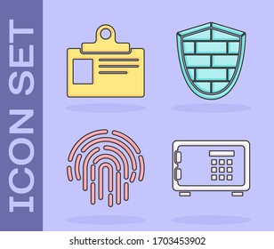 Set Safe , Identification badge, Fingerprint  and Shield with cyber security brick wall  icon. Vector