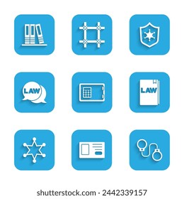 Set Safe, Identification badge, Handcuffs, Law book, Hexagram sheriff, Police and Office folders icon. Vector