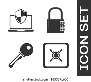 Ajuste seguro , Portátil protegido con el protector, llave y icono de bloqueo combinado seguro. Vector