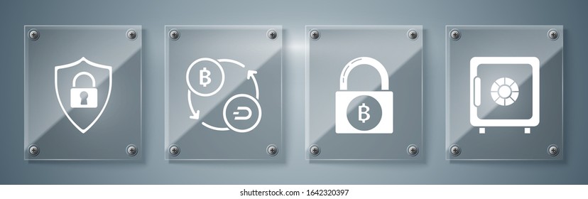 Set Safe, Lock with bitcoin, Cryptocurrency exchange and Shield security with lock. Square glass panels. Vector
