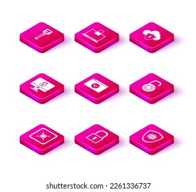 Set Safe, Lock, on computer monitor screen, Secure your site with HTTPS, SSL, Shield world globe, combination lock wheel, Cloud and shield and Laptop icon. Vector