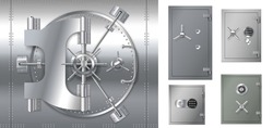 Set Of Safe Lockers Doors. Closed Strongboxes Realistic Isolated. Chrome Steel Banking Safes And Vaults With Combination Mechanisms For Protection, Storage And Security. 3d Vector Illustration