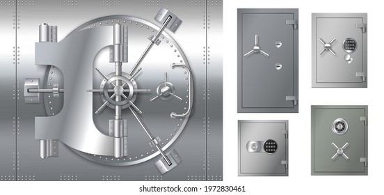 Set of safe lockers doors. Closed strongboxes realistic isolated. Chrome steel banking safes and vaults with combination mechanisms for protection, storage and security. 3d vector illustration