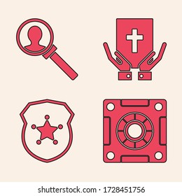 Set Safe, Magnifying glass for search, Oath on the Holy Bible and Police badge icon. Vector