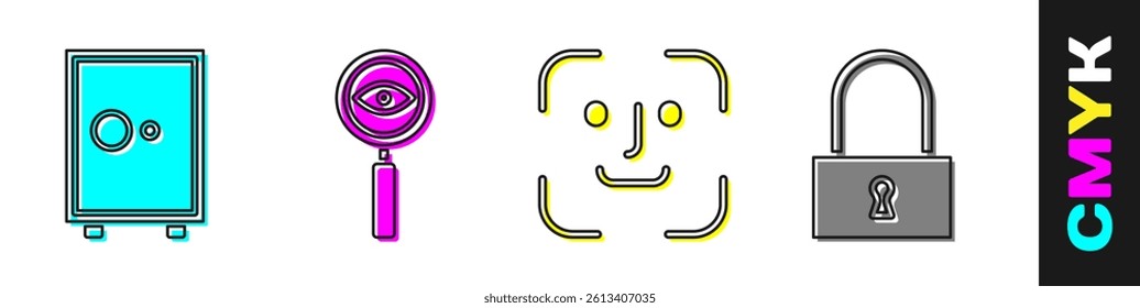 Set Safe, Magnifying glass Search, Face recognition and Lock icon. Vector