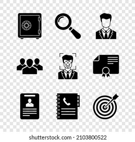 Set Safe, Magnifying glass, Benutzer von man Business Anzug, Identification Badge, Telefonbuch und Ziel mit Pfeil-Symbol. Vektorgrafik