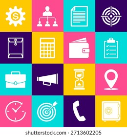 Set Safe, Map pin, Clipboard with checklist, Document, Calculator and Envelope icon. Vector