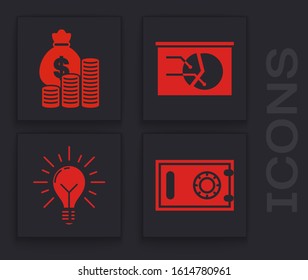 Set Safe, Money bag and coin, Board with graph chart and Light bulb with rays shine and concept of idea icon. Vector