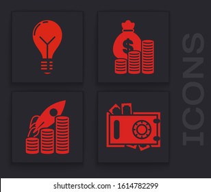 Set Safe and money, Light bulb with concept of idea, Money bag and coin and Rocket flying up on coins growth chart icon. Vector