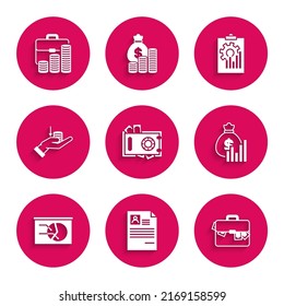 Set Safe and money, Resume, Briefcase, Money bag diagram graph, Board with chart, hand, Clipboard and coin icon. Vector