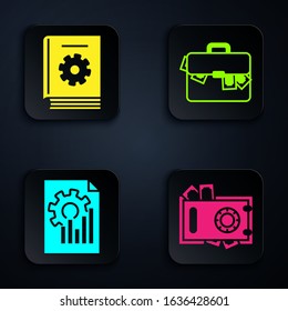 Set Safe and money, User manual, Document with graph chart and Briefcase and money. Black square button. Vector
