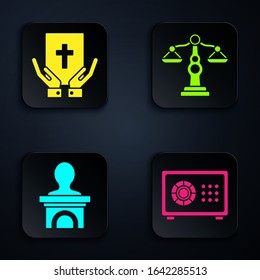 Set Safe, Oath on the Holy Bible, Stage stand or debate podium rostrum and Scales of justice. Black square button. Vector