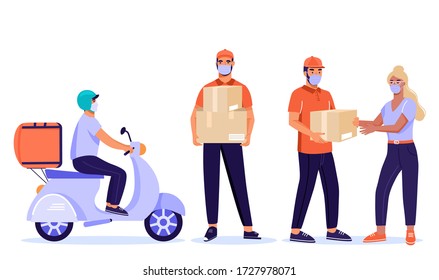 Set of safe online delivery service illustration. Man courier with parcel riding on scooter and client. Online order during quarantine. Vector illustration on white background.