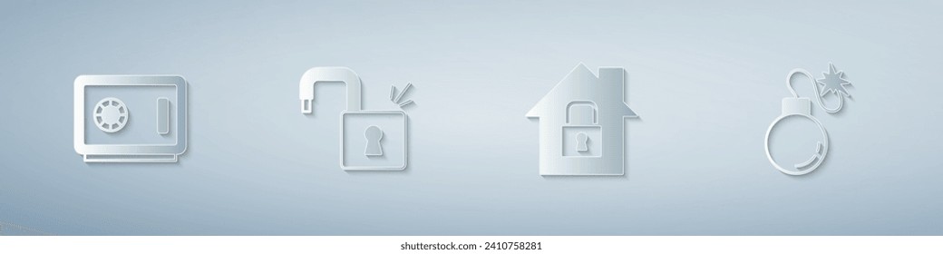 Set Safe, Open Padlock, Haus unter Schutz und Bomb. Kunststil aus Papier. Vektorgrafik