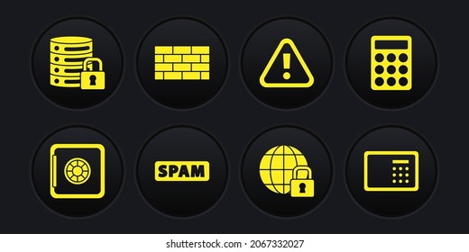 Set Safe, Password protection, Spam, Global lockdown, Exclamation mark in triangle, Firewall, security wall,  and Server with icon. Vector