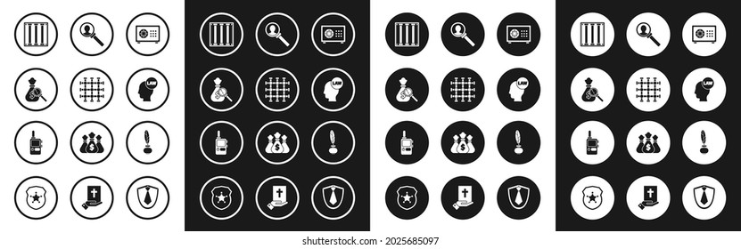 Set Safe, ventana de la prisión, bolso de dinero y lupa de cristal, Head with law, Magnifying for search, Feather inkwell e icono de Walkie talkie. Vector