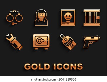 Set Safe, Prison window, Pistol or gun, Whiskey bottle, Police electric shocker, Wanted poster, Handcuffs and Thief mask icon. Vector