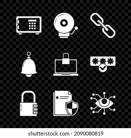 Set Safe, Ringing alarm bell, Chain link, combination lock, Document protection concept, Eye scan, and Laptop and icon. Vector