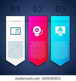 Set Safe, Ringing alarm bell and Monitor with exclamation mark. Business infographic template. Vector