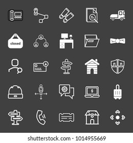 set of safe, route, binoculars, search, truck, closed, hierarchy, work desk, folder,bow tie, search person, download, road sign, house, security shield, hat, chat setting, laptop price vector icon