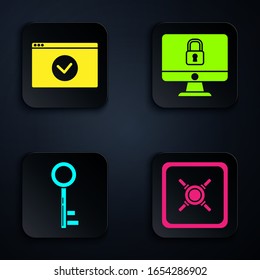 Set Safe , Secure your site with HTTPS, SSL, Key  and Lock on computer monitor screen. Black square button. Vector