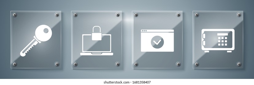 Set Safe , Secure your site with HTTPS, SSL, Laptop and lock  and Key . Square glass panels. Vector