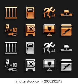 Set Safe, Sheriff hat with badge, Evidence bag knife, Police database, Marker of crime scene, Crime, Prison window and assault shield icon. Vector