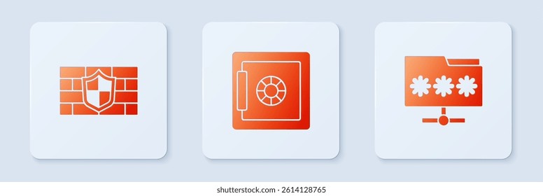 Set Safe, Shield with brick wall and Folder password. White square button. Vector