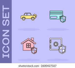 Set Safe with shield, Car, House and Credit card icon. Vector