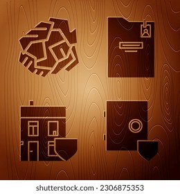 Set Safe with shield, Crumpled paper ball, House with shield and Personal folder on wooden background. Vector