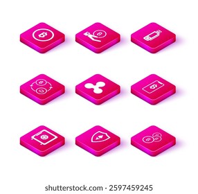 Set Safe, Shield Ethereum ETH, Cryptocurrency exchange, coin Ripple XRP, Bitcoin, Phone mobile and cryptocurrency, USB flash drive and Hand holding icon. Vector