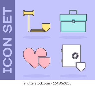 Set Safe with shield, Judge gavel with shield, Heart with shield and Briefcase icon. Vector