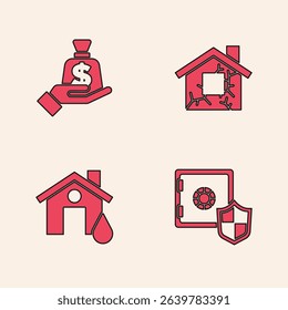 Set Safe with shield, Money in hand, House and flood icon. Vector