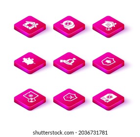 Fijar a salvo con el escudo, el avión, el banco de la cerilla, el dinero en la mano, el contrato, la casa y el icono de la ubicación. Vector