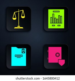 Establecer a salvo con escudo, escalas de justicia, carpeta personal y documento con gráfico gráfico. Botón cuadrado negro. Vector