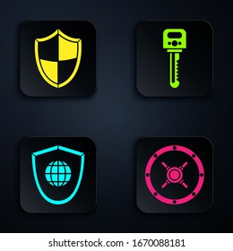 Set Safe , Shield , Shield with world globe  and Key . Black square button. Vector