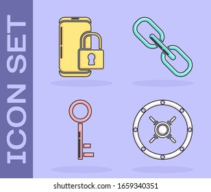 Establecer seguro , Smartphone con candado cerrado , Icono de enlace de llave y cadena. Vector