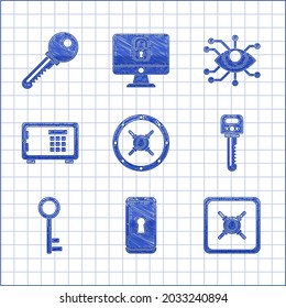 Set Safe, Smartphone with lock, Key, Eye scan and icon. Vector