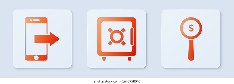 Set Safe, Smartphone, mobile phone and Magnifying glass and dollar symbol. White square button. Vector