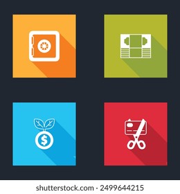 Set Safe, Stacks paper money cash, Dollar plant and Scissors cutting credit card icon. Vector