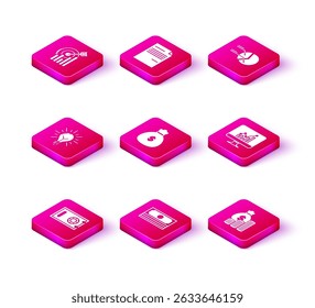 Set Safe, Stacks paper money cash, Light bulb with rays shine and concept of idea, Money bag, coin, Computer monitor graph chart, Pie infographic and Document icon. Vector
