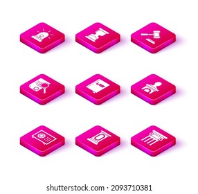 Set Safe, Stage stand or debate podium rostrum, Document with search, Law book, pillar, Judge gavel and Old hourglass icon. Vector