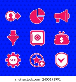 Ajuste Safe, Star, Shield con marca de verificación, Wallet dólar, Seo tag gear, flechas de embudo de ventas, Megaphone e icono de promoción de empleo. Vector