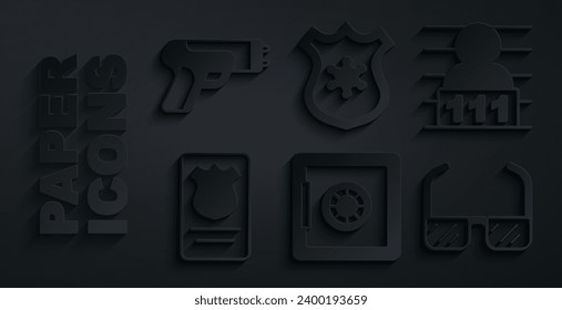 Set Safe, Suspect criminal, Police badge with id case, Safety goggle glasses,  and electric shocker icon. Vector