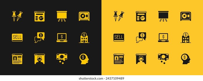 Set Safe, Telephone 24 hours support, Laptop with dollar, Stacks paper money cash, Business negotiations, Chalkboard, Push pin and Pie chart infographic icon. Vector