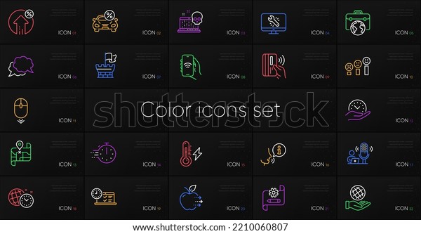 Set of Safe time, Cooking timer and Cyber attack\
line icons. Include Shield, Customer satisfaction, Food delivery\
icons. Map, Safe planet, Internet app web elements. Monitor repair.\
Vector